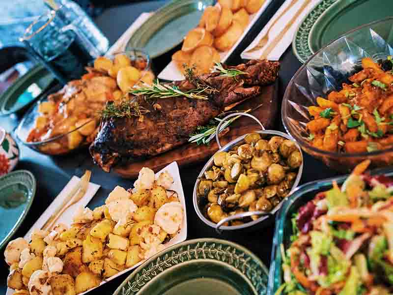 Buffet table with food