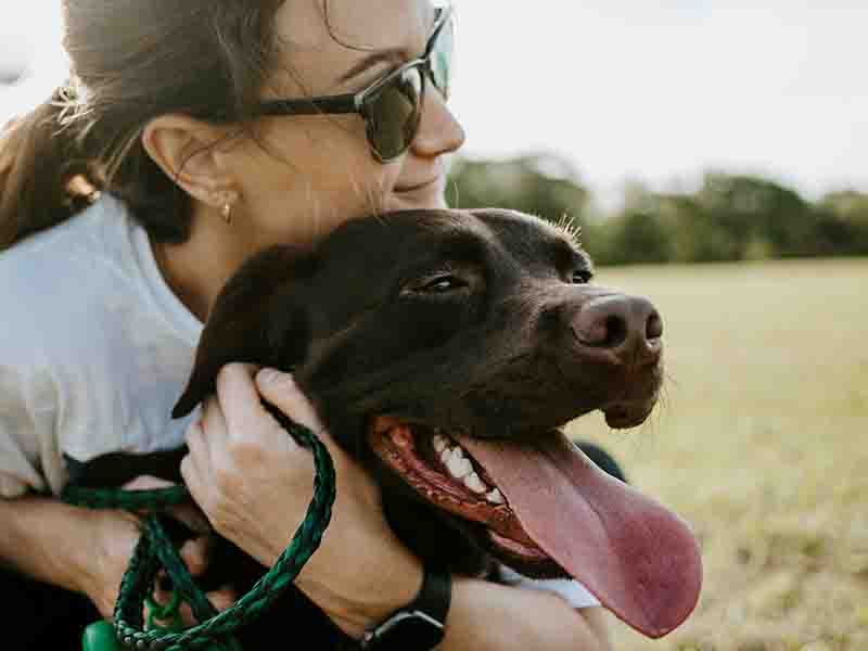 Woman hugging brown dog