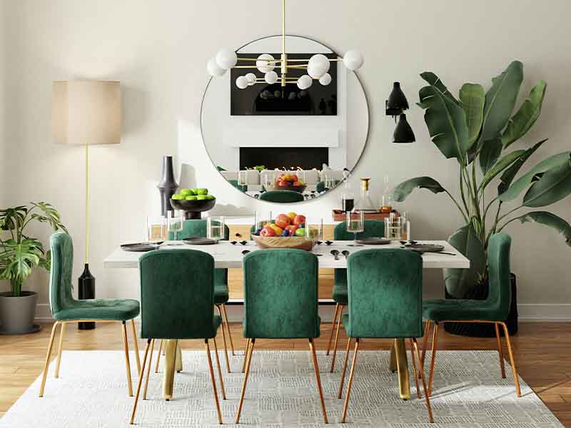 Dining room with green furniture and modern design