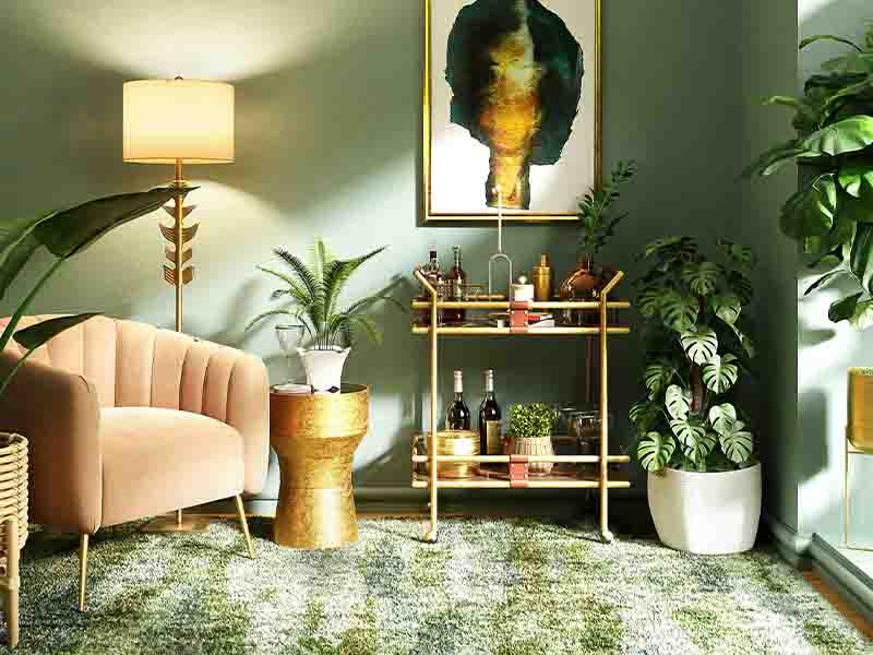 Green rug in green living room