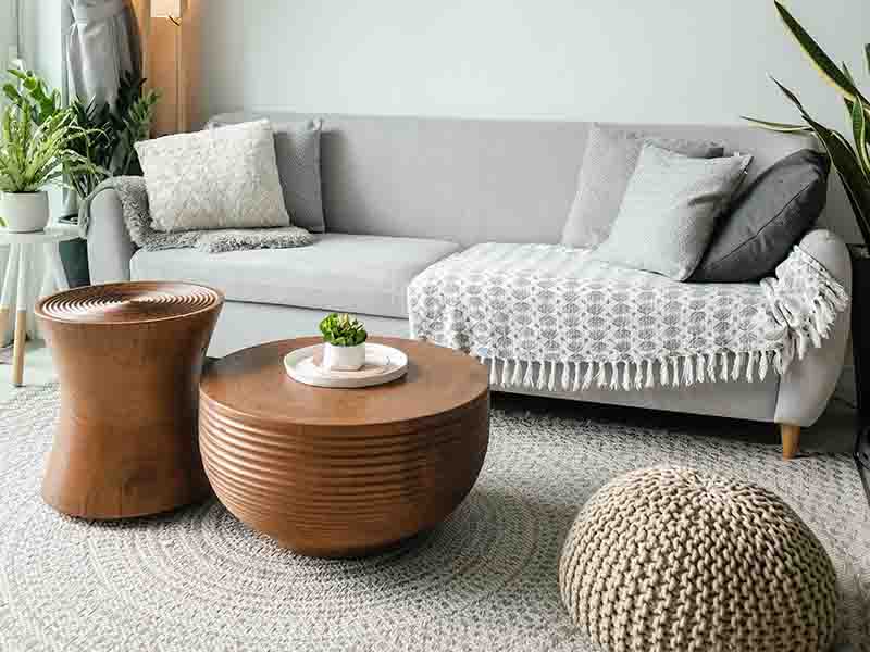 Gray couch in neutral living room