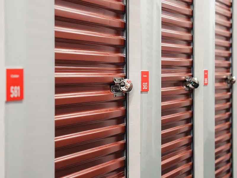 Red doors in a storage facility