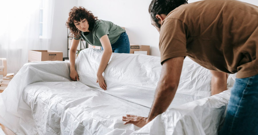 A couple is working together to wrap their couch in a white cloth covering to keep it in good condition while in storage.